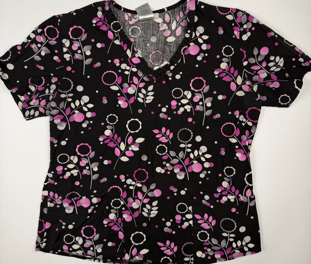 SB Scrubs Women’s Black Pink Floral V-Neck Medical Scrub Top Fits Small